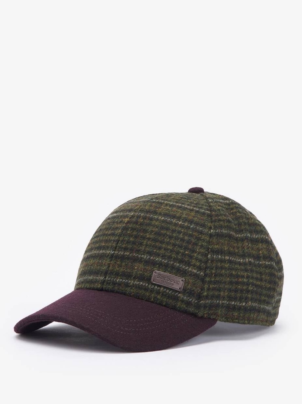Barbour Green Plaid Wool Baseball Cap with Burgundy Visor